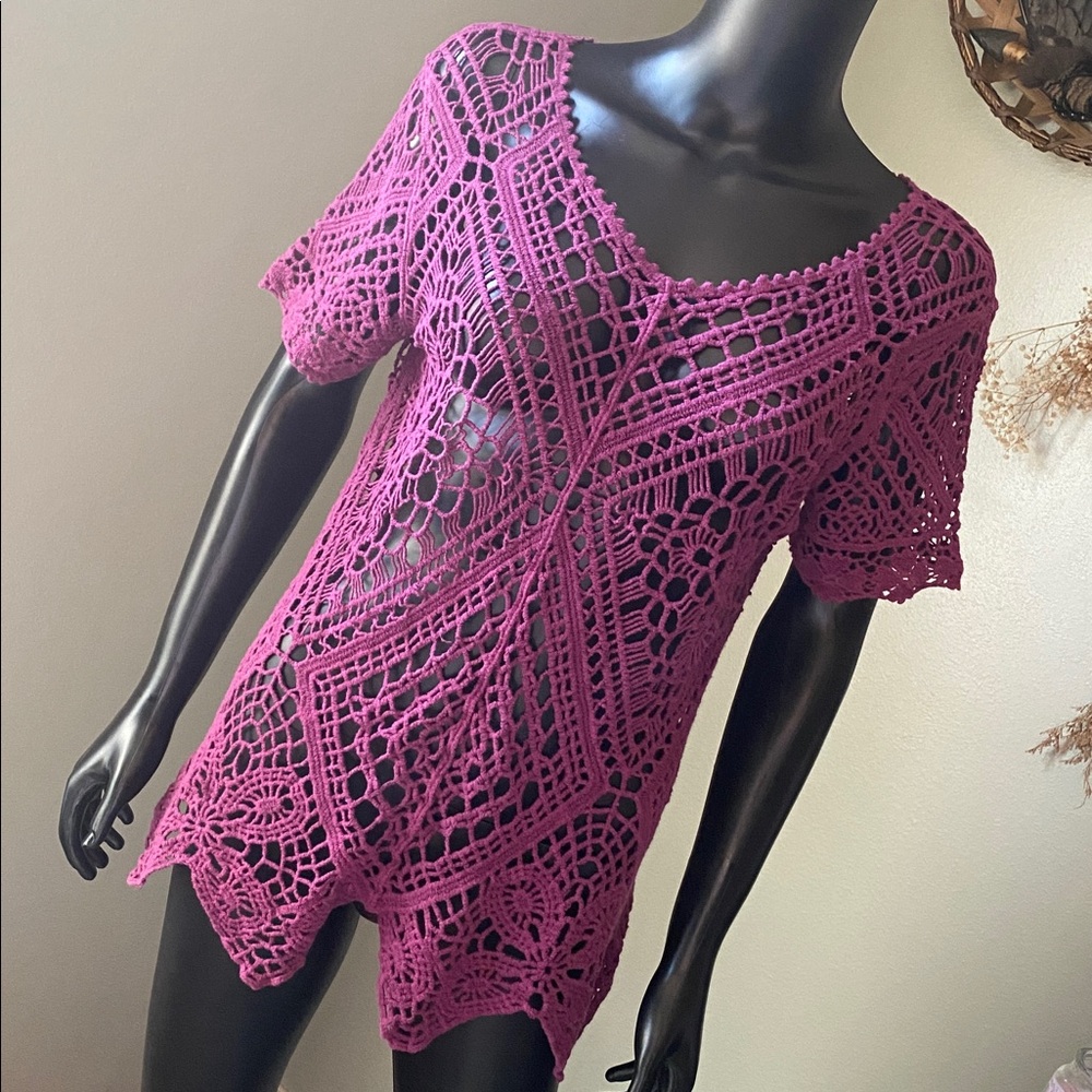 Purple Crochet Short Sleeve Top - Picture 1 of 11